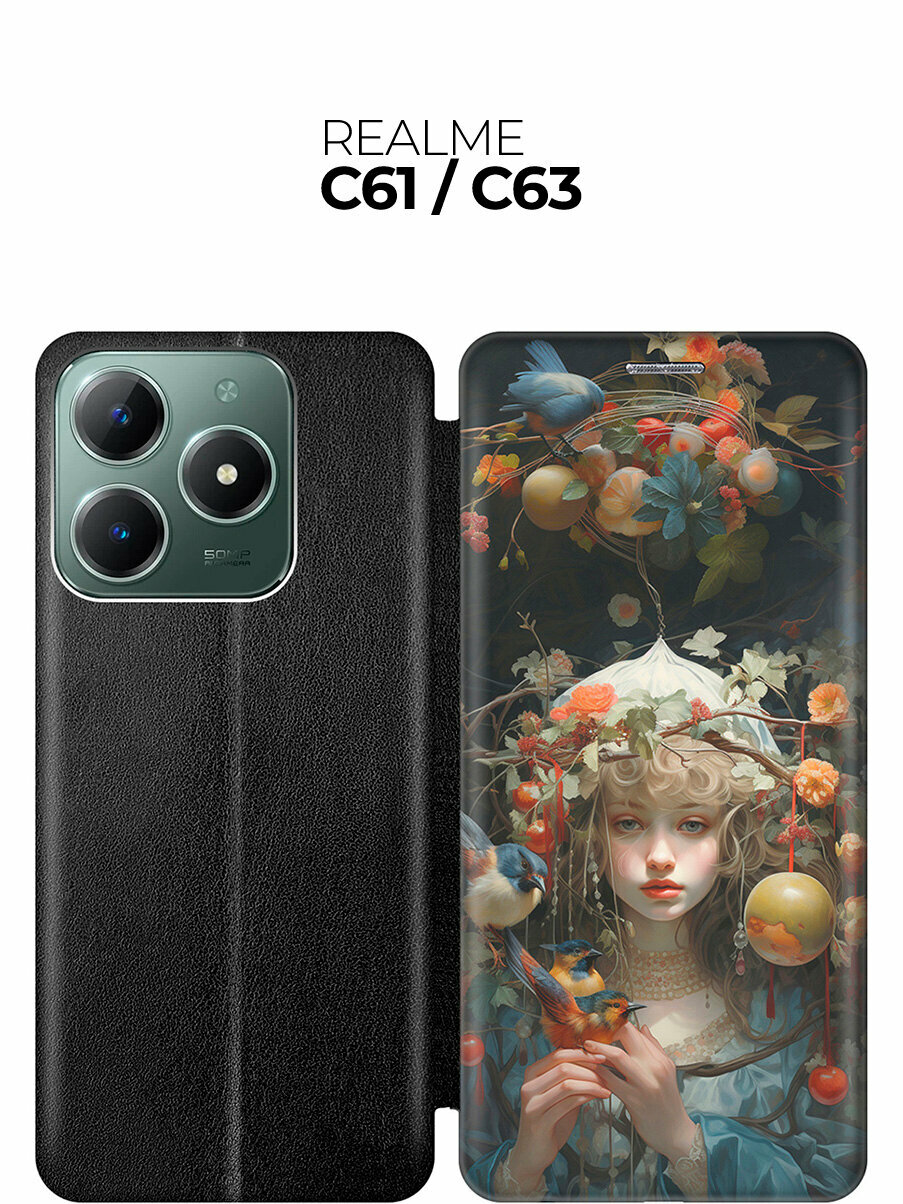 Чехол-книжка на Realme C61 / C63 с принтом "Бестия окаянная" черный