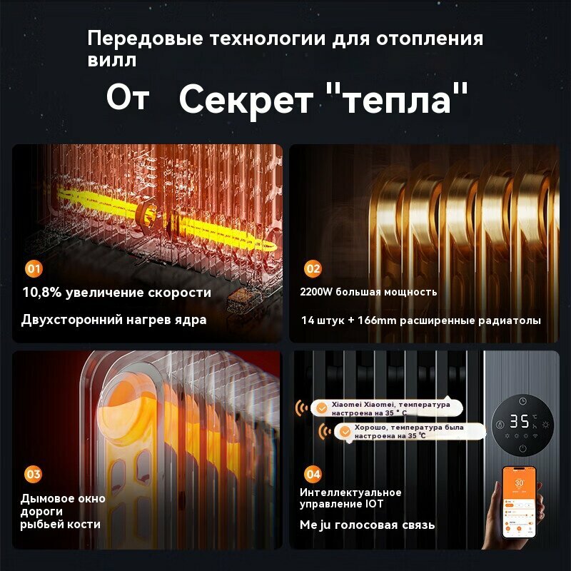 Изображение Midea HYX22TR, обогреватель, расширенный двухмоторный электрический масляный обогреватель из 14 частей, черный