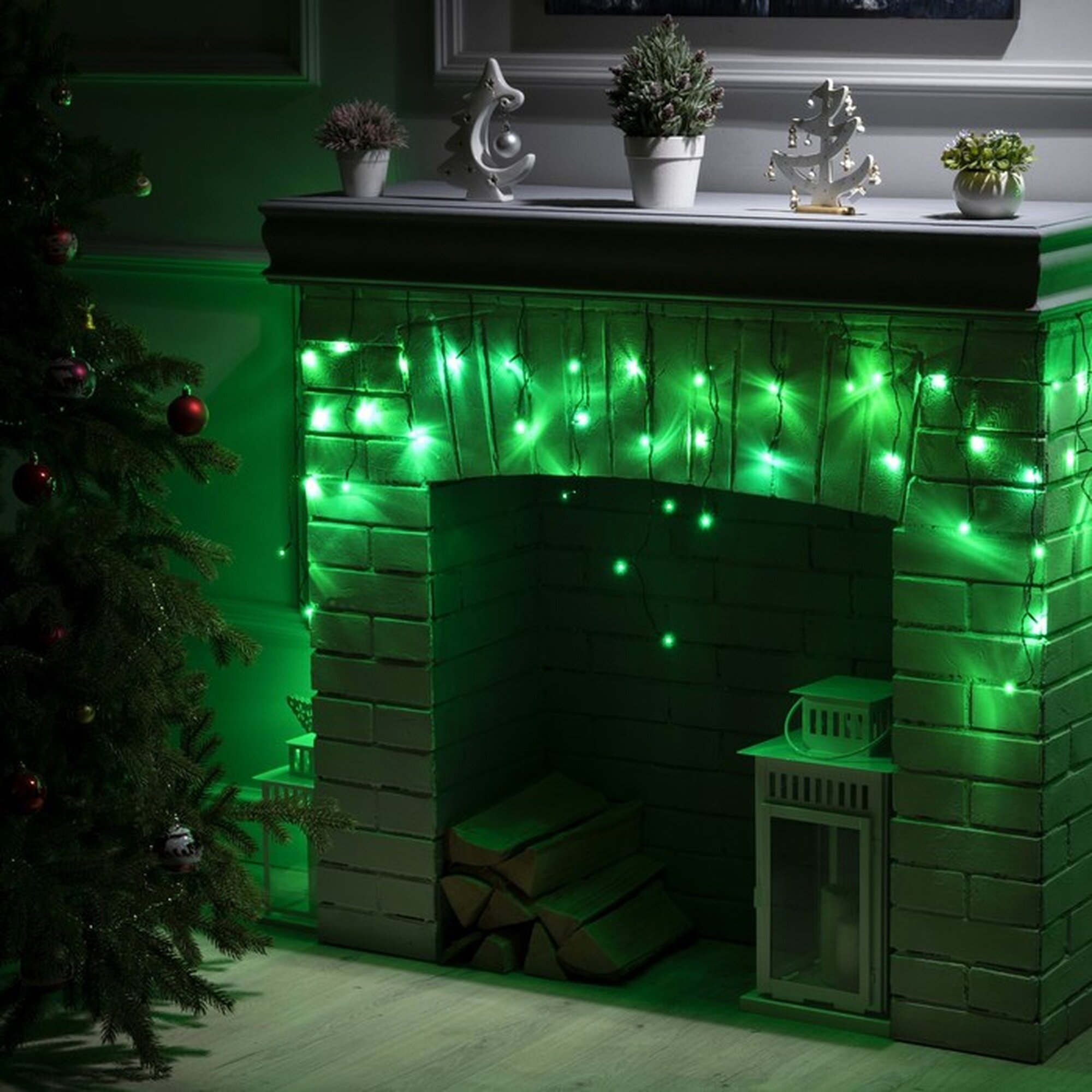 Гирлянда «Бахрома» 1.8 х 0.5 м IP20 тёмная нить 48 LED свечение зелёное 8 режимов 220 В