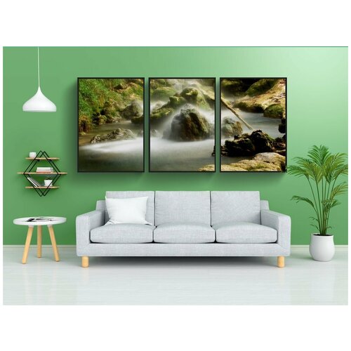 фото Набор модулных постеров для интерьера "водопад, природа, зеленый" 60x90 см. в тубусе, без рамки lotsprints