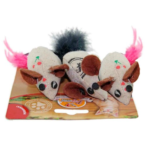 Мышка тканевая с кошачьей мятой и пером, Dogman (товары для животных, 3 шт, 5 см, цвета в ассортименте)