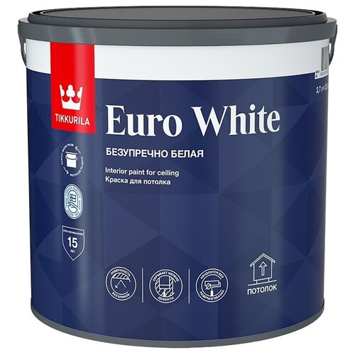 Краска водно-дисперсионная Tikkurila Euro White глубокоматовая белый 2.7 л 1.8 кг краска водно дисперсионная tikkurila euro 2 моющаяся глубокоматовая белый 9 л