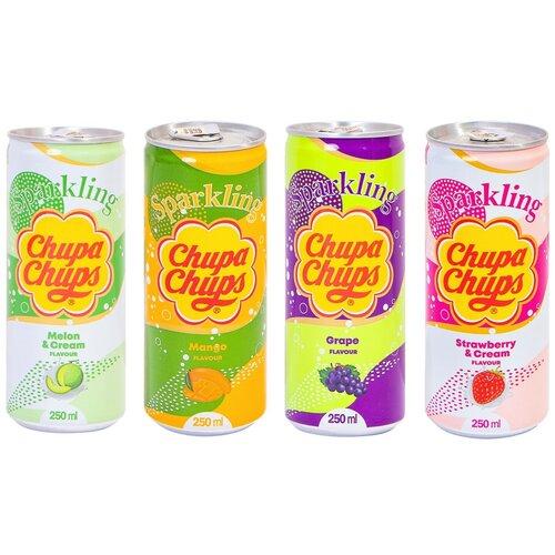 фото Набор газированных напитков chupa chups melon & cream/mango/grape/strawberry & cream (чупа чупс дыня со сливками/манго/виноград/клубника со сливками) / 4 банки по 250 мл.