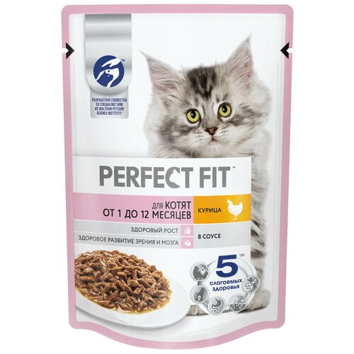 Влажный корм для котят от 1 до 12 месяцев Perfect Fit Junior, с курицей кусочки в соусе, 75г x 28