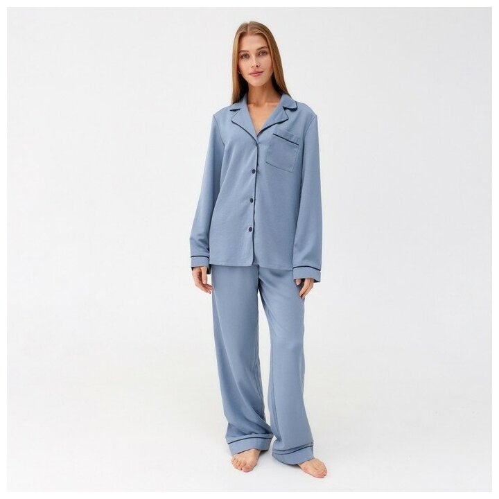 Пижама Minaku, брюки, длинный рукав, карманы, размер 52, голубой - фотография № 1