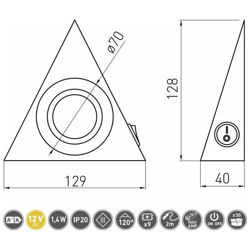 GTV Точечный накладной светодиодный светильник уголок инокс, 12v, 1,8w, 9 диодов теплый свет с выключателем, провод 2м