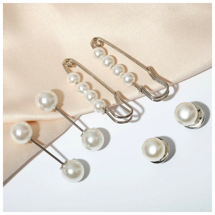 фото Набор булавок (6шт) "Жемчужная нежность", цвет белый в серебре, 3,5 см