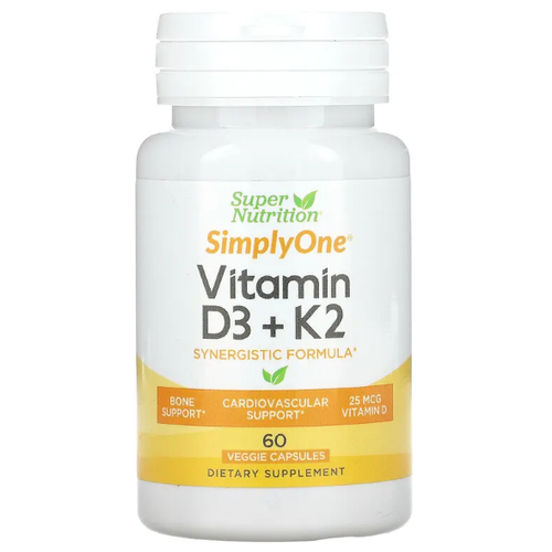 Super Nutrition Simply One Vitamin D3+K2 (витамины D3 и К2) 60 растительных капсул