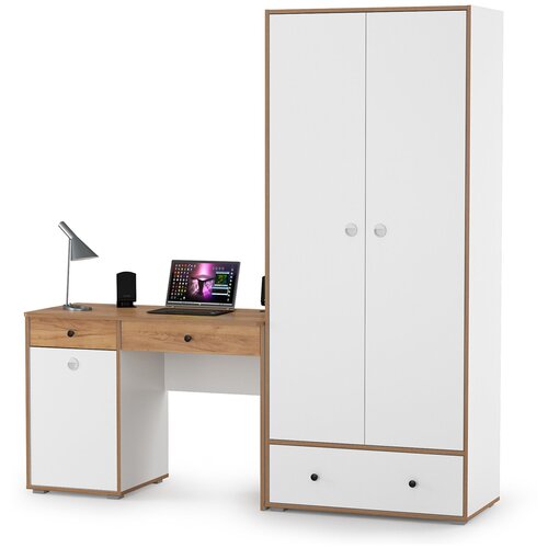 Компьютерный стол письменный для дома 196см белый премиум/дуб крафт золотой - НЖ1354