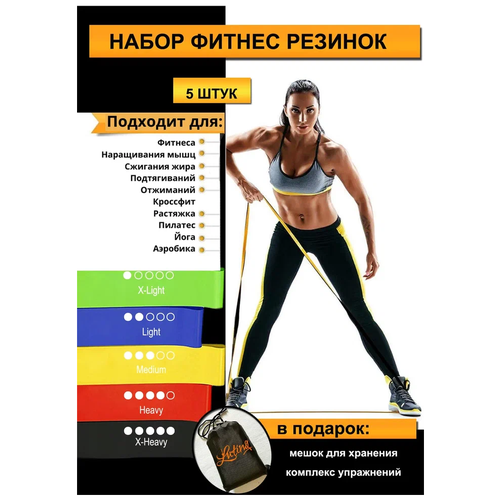 Резинки для фитнеса набор 5 шт. / Эспандер ленточный резиновый, для фитнеса,спорта