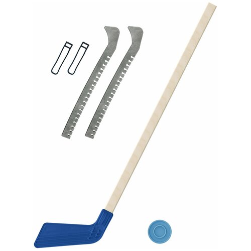 фото Набор зимний: клюшка хоккейная синяя 80 см.+шайба + чехлы для коньков серые, задира-плюс