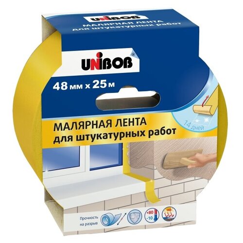 Unibob Малярная лента для штукатурных работ, желтая, 90008, 48 мм х 25 м клейкая лента скотч малярная unibob 48мм x 25м 132мкм белая легкоудаляемая 36шт