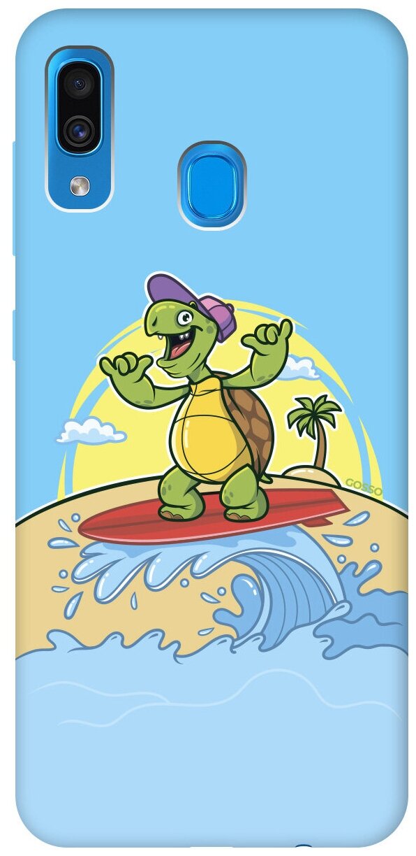 Силиконовая чехол-накладка Silky Touch для Samsung Galaxy A20 / A30 с принтом "Turtle Surfer" голубая