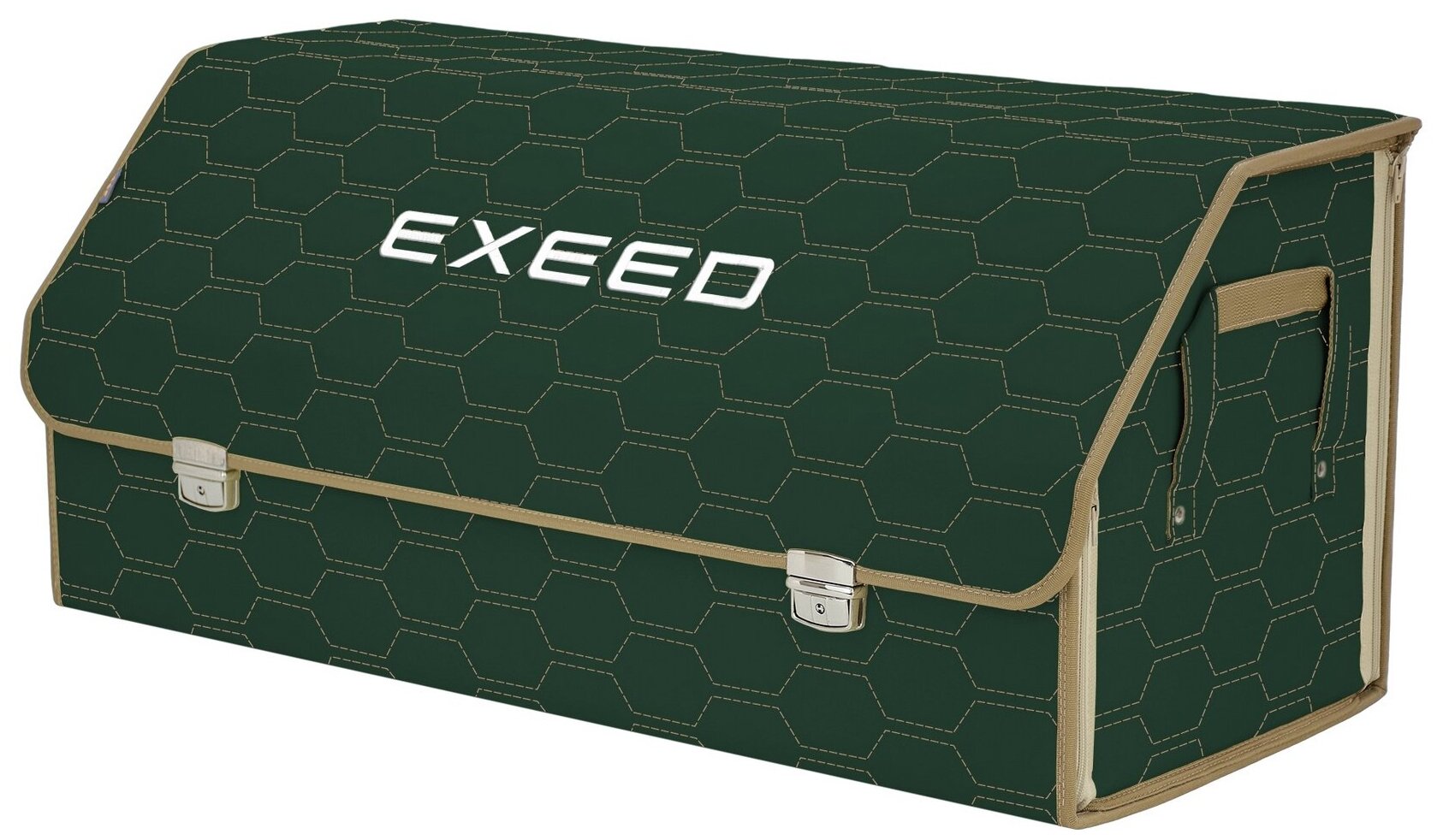 Органайзер-саквояж в багажник "Союз Премиум" (размер XXL). Цвет: зеленый с бежевой прострочкой Соты и вышивкой Exeed (Эксид).