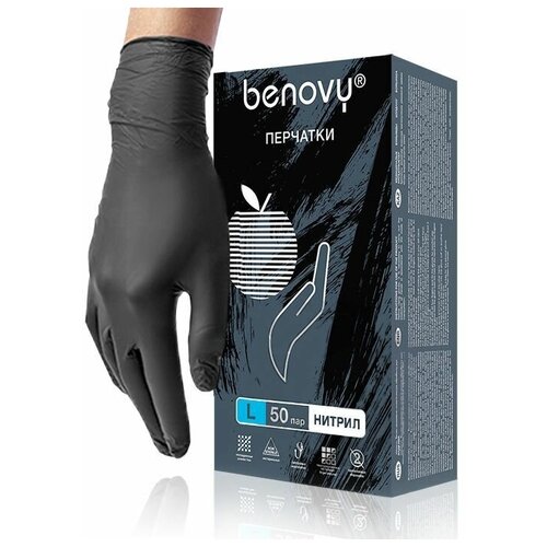 Перчатки Benovy нитриловые хозяйственные, черные, размер L (100 шт, 50 пар)