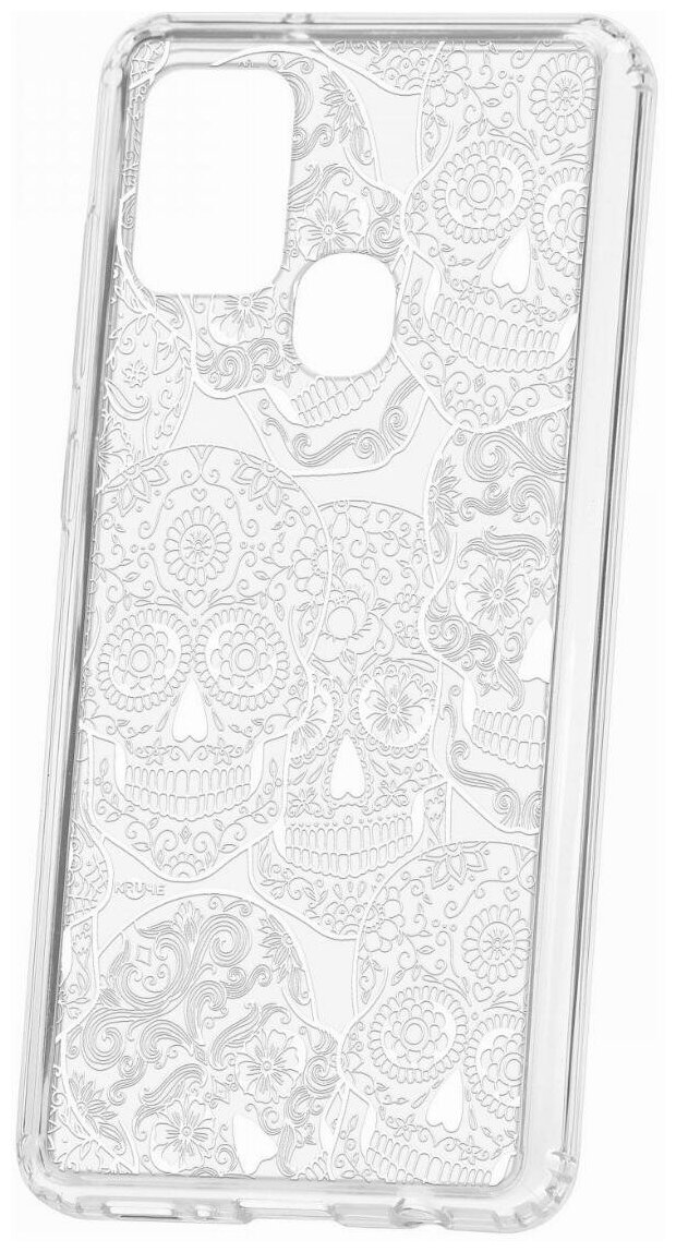 Чехол для Samsung Galaxy A21S Kruche Print Skull White, пластиковая накладка, силиконовый бампер с защитой камеры, защитный прозрачный кейс с рисунком