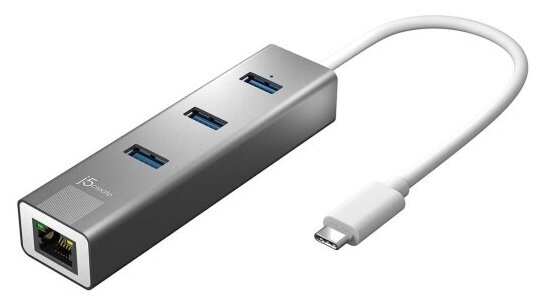 Многопортовый адаптер j5create JCH474 с кабель-коннектором USB-C (3 USB-A 3,0, Gigabit Ethernet) (Серый космос / Space Gray)