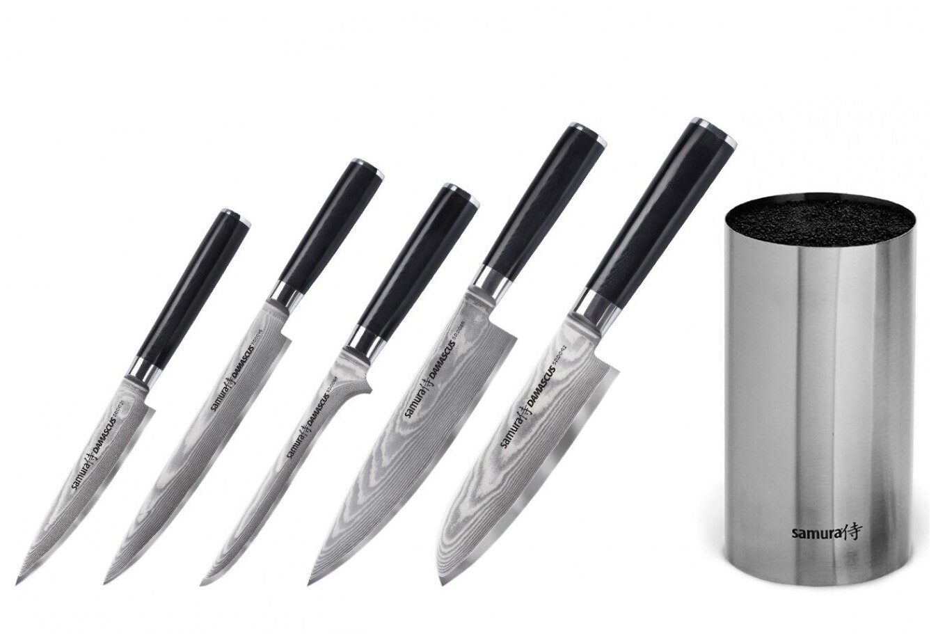 SD-0250МЕТП Набор из 5-ти кухонных ножей Samura Damascus универсальный, слайсер, обвалочный, шеф, сантоку и металлическая подставка