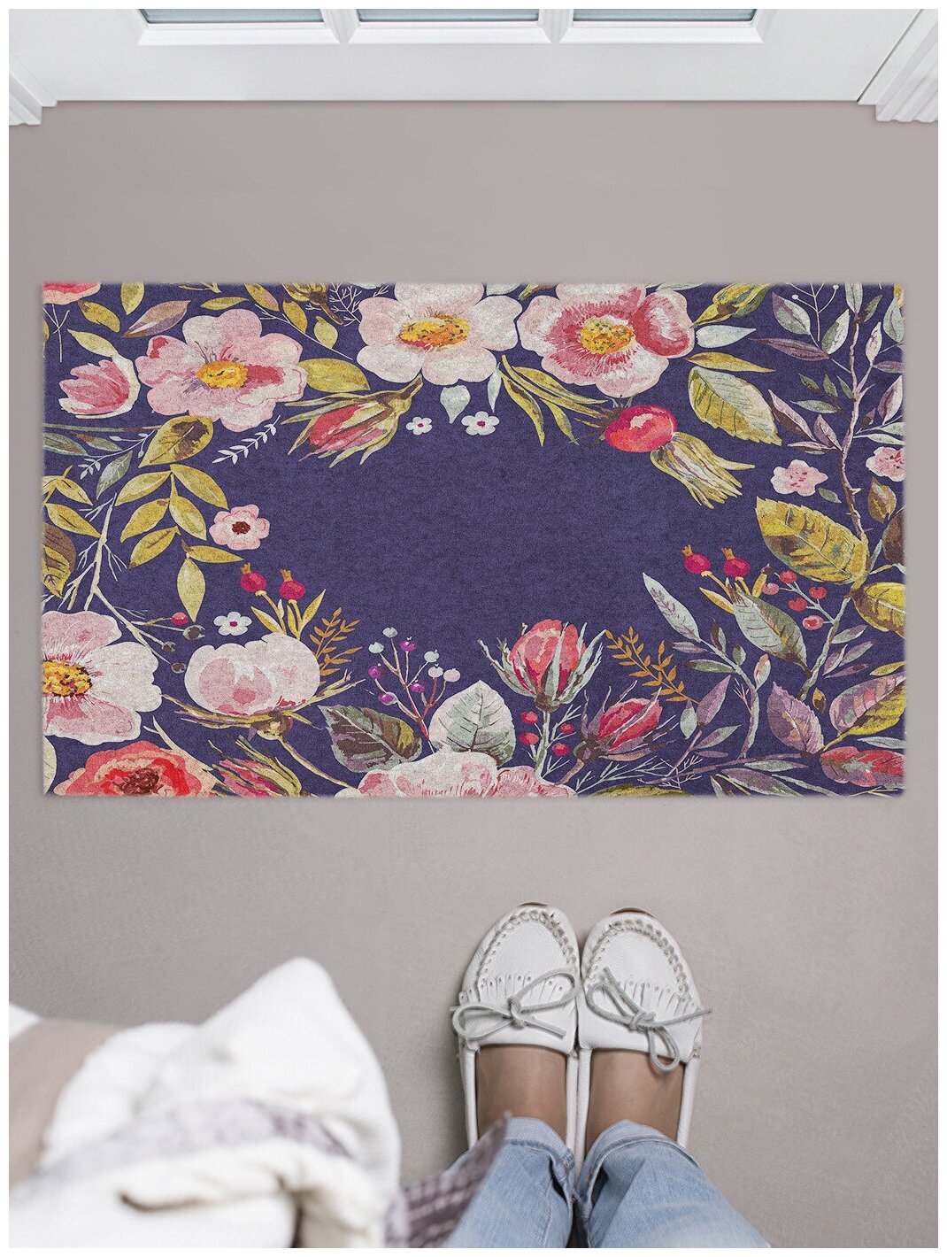 Придверный коврик в прихожую JoyArty "Букет из полевых цветов" для обуви, на резиновой основе, 75x45 см - фотография № 1