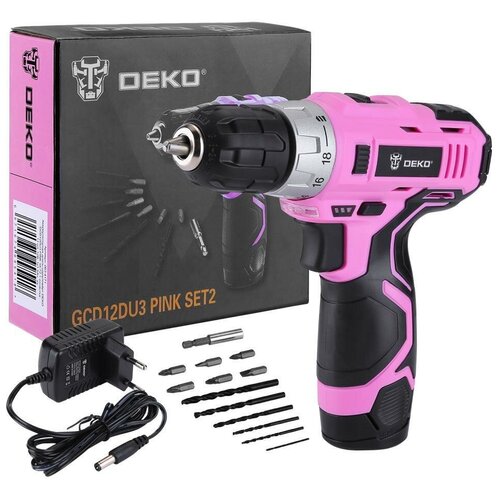 Аккумуляторная дрель-шуруповёрт DEKO GCD12DU3 PINK SET2 оснастка 13 шт 12В 1х15Ач зу 063-4171 239800₽