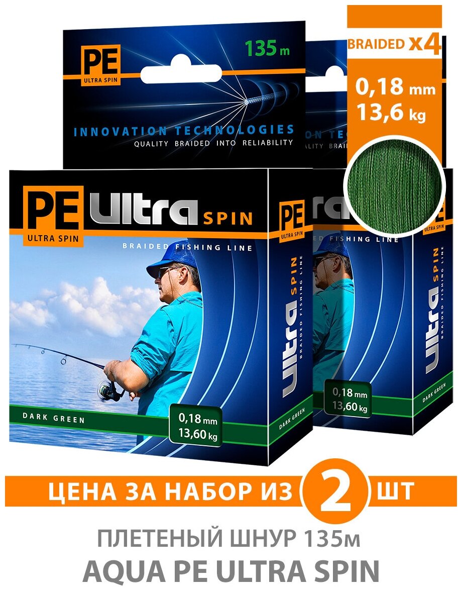 Плетеный шнур для рыбалки AQUA PE ULTRA SPIN Dark Green 0,18mm 135m, цвет - темно-зеленый, test - 13,60kg (набор 2 шт)