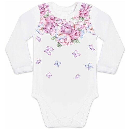 Боди для новорожденных/боди с длинным рукавом/боди белый с принтом «Пионы с бабочками»/размер 62