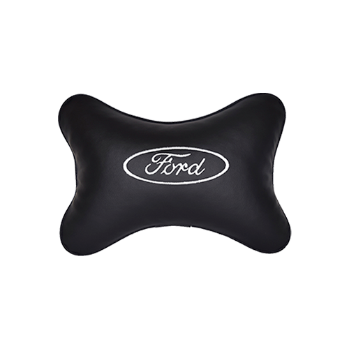 Автомобильная подушка на подголовник экокожа Black (белая) с логотипом автомобиля FORD