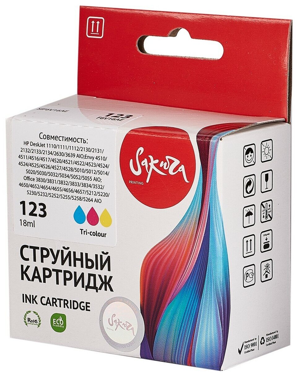 Картридж F6V16AE (№123 Tri-colour) для HP, струйный, триколор, 18 мл, 330 страниц, Sakura