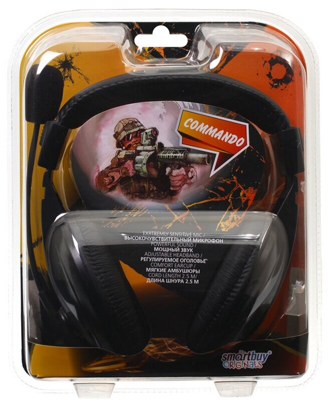 Наушники с микрофоном Smartbuy Commando, с регулятором громкости, 2,5м, черный