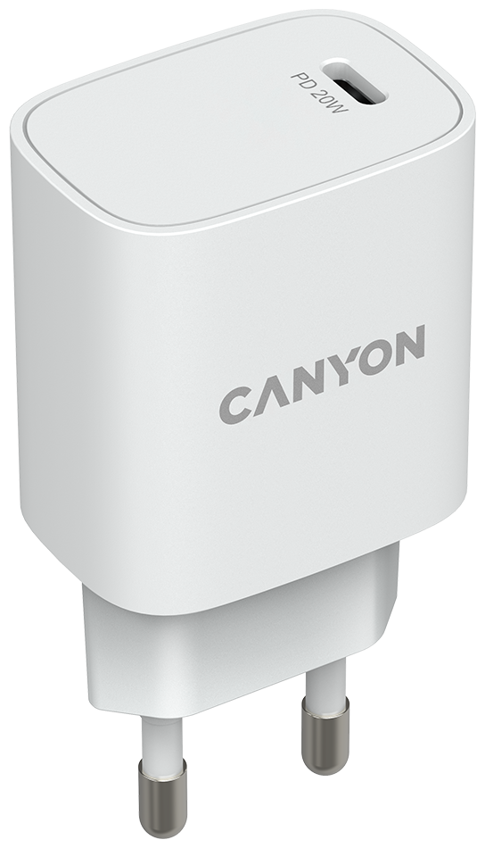 Зарядное устройство сетевое Canyon CNE-CHA20W02 PD 20Вт, USB-C, защита от КЗ, сверхтока, перегрева, перегрузки, белый - фото №1
