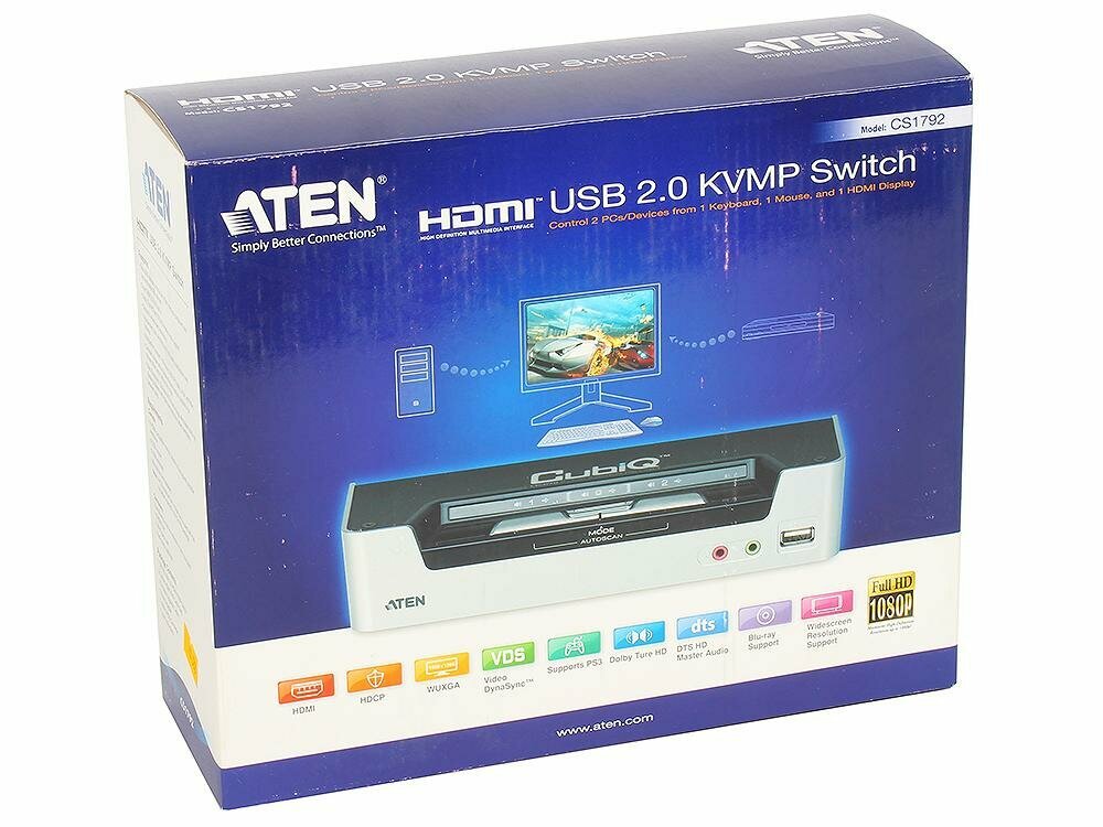 Переключатель KVM Aten KVM+Audio+USB 2.0,1 user USB+HDMI => 2 cpu USB+HDMI, со шнур. USB 2х1.8м., 480i/480p/720p/1080i/1080p/1920x1200 DVI - фото №12