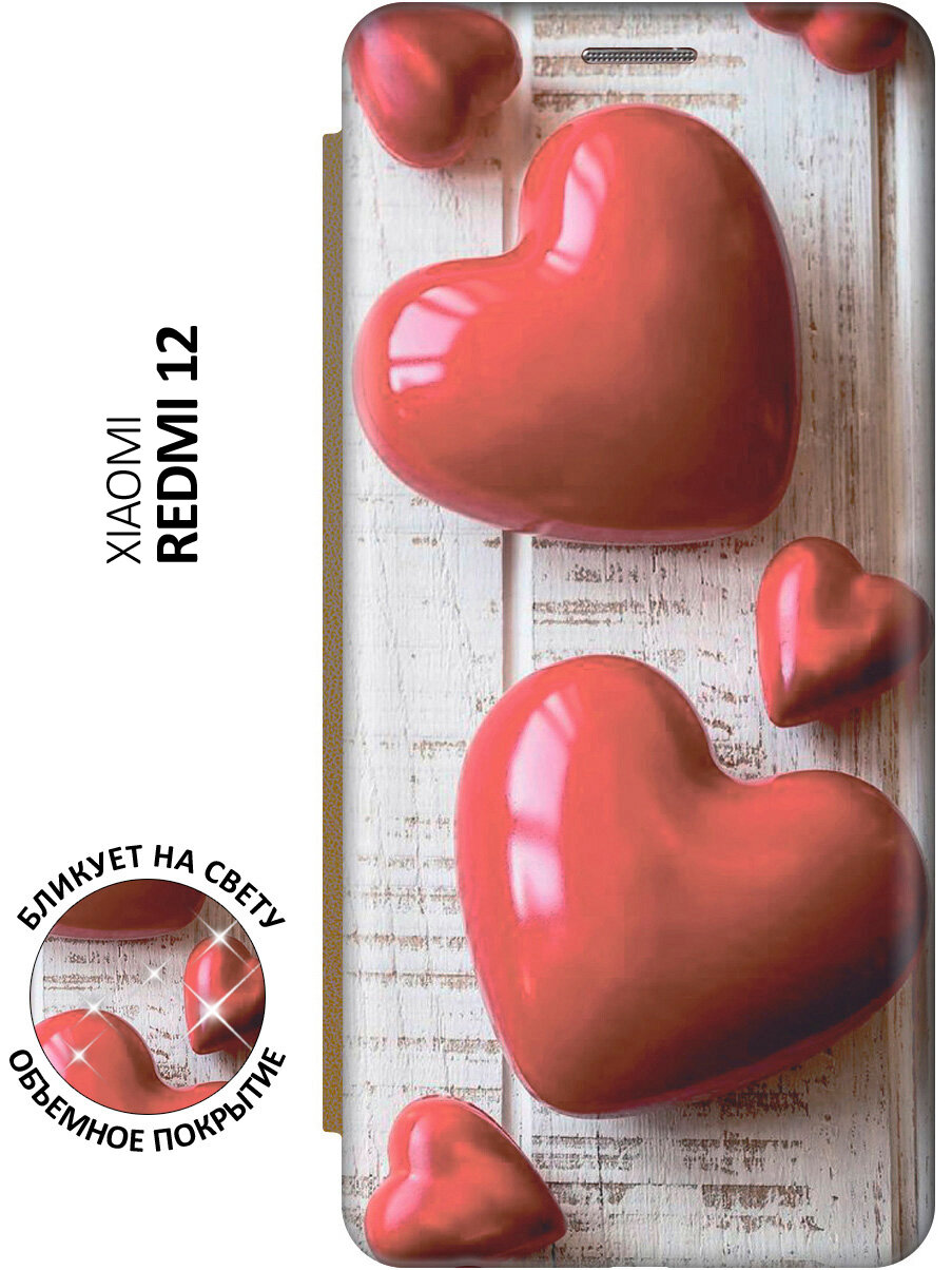 Чехол-книжка Сердечки на белом столе на Xiaomi Redmi 12 / Сяоми Редми 12 с эффектом блика золотой