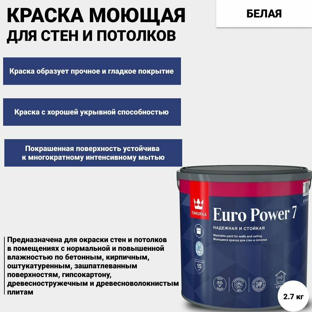 Краска интерьерная Tikkurila EURO POWER 7 / Тиккурила Евро Пауэр 7 для стен моющаяся белая 2.7 л.