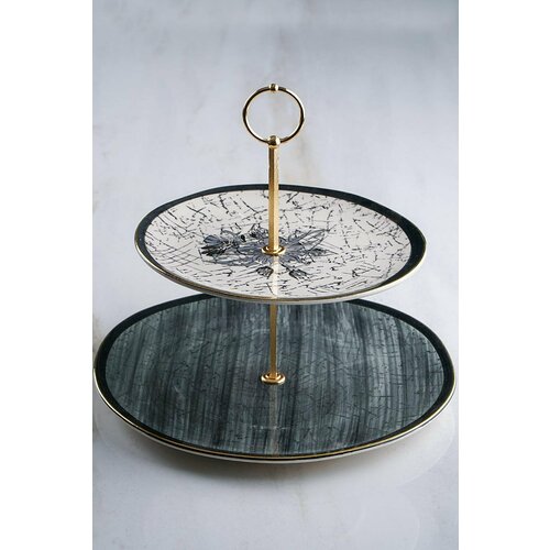 Фарфоровое блюдо-этажерка, фруктовица 2 яруса, 26,5х25 см, тёмно-серый