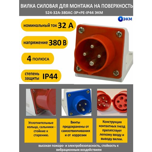 Вилка силовая для монтажа на поверхность 524-32А-380AC-3P+PE-IP44 ЭКМ