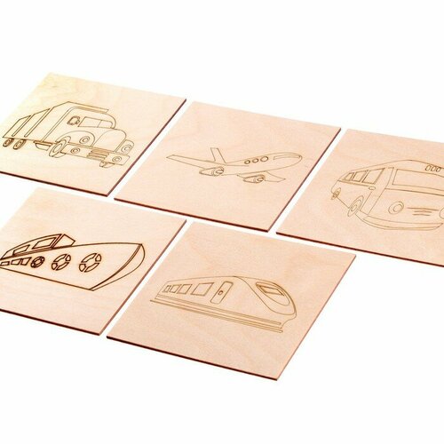 WOODY PUZZLES Набор 5 досок для выжигания с рисунком «Транспорт», 15 × 15 см