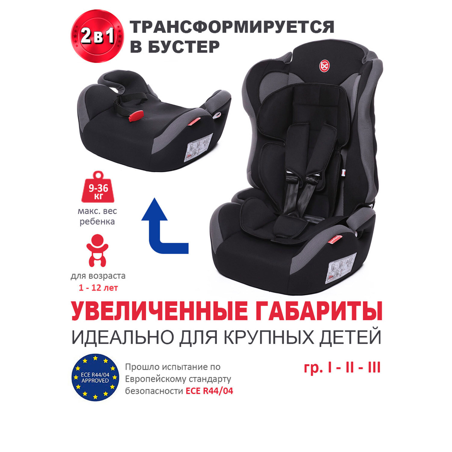 Baby Care Детское автомобильное кресло Upiter Plus гр I/II/III, 9-36кг, (1-12лет), Черный/Паутинка