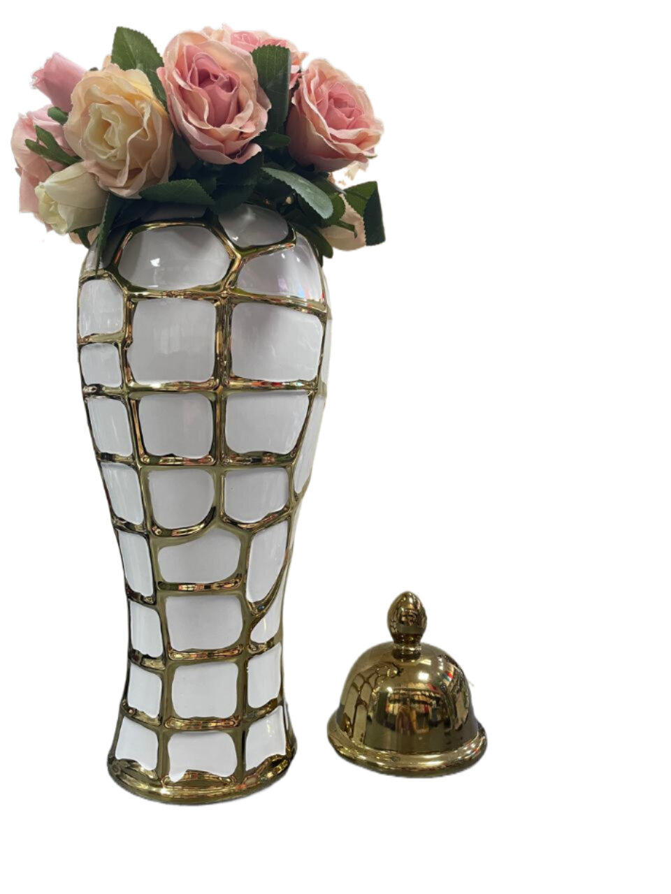 фото 500-703 Ваза с крышкой белая с золотым обрамлением керамическая "Леопард" 51*18см