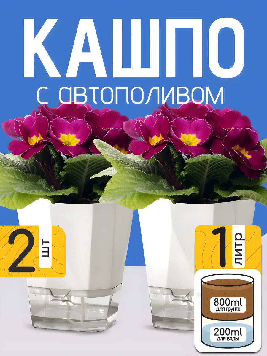 Кашпо с системой фитильного автополива Best Room, набор многогранных кашпо 1л. 2шт