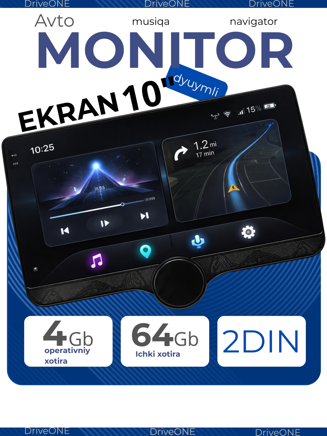 Автомагнитола DriveONE 10″ QLED, 4GB 64GB ROM, 2 DIN, GPS, Android