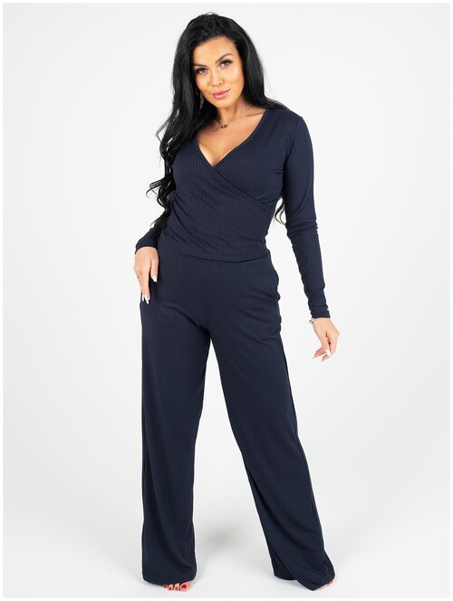 Комплект Instinity, блуза, брюки, длинный рукав, карманы, трикотажная, размер 52, синий