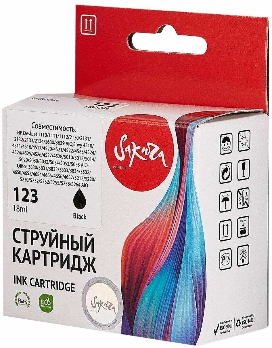 2 шт. Картридж струйный Sakura 123 / F6V17AE черный, пигментный тип, 18 мл, 600 стр. для HP (SIF6V17AE)