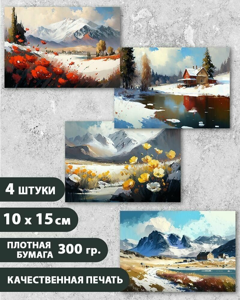 Набор открыток "Весна в горах", маме, жене, девушке, 10.5 см х 15 см, 4 шт, InspirationTime, на подарок и в коллекцию
