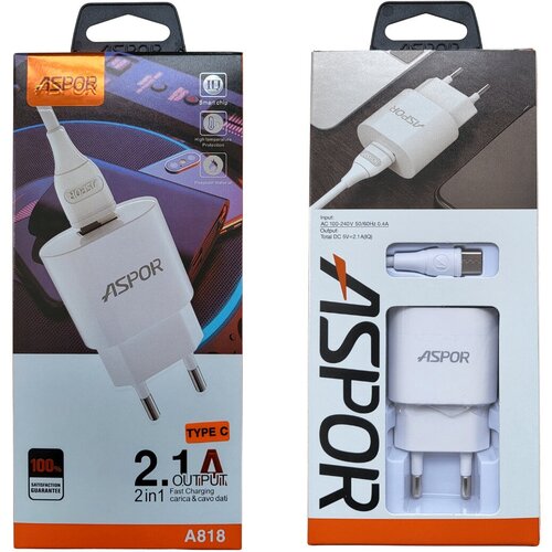 Зарядное устройство для смартфонов Samsung/Honor/Huawei/Redmi/Xiaomi/Realme Aspor A818 USB 2.1A с кабелем USB/Type-C