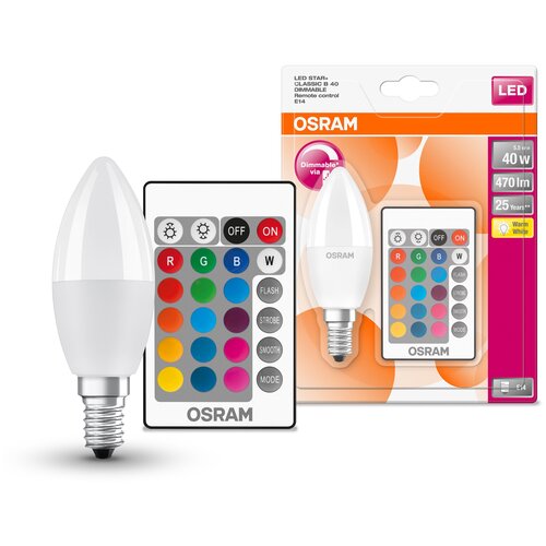 LEDS CL B 40 REM 5,5W/827 230V FR RGBW E14 OSRAM - лампа свеча+пульт