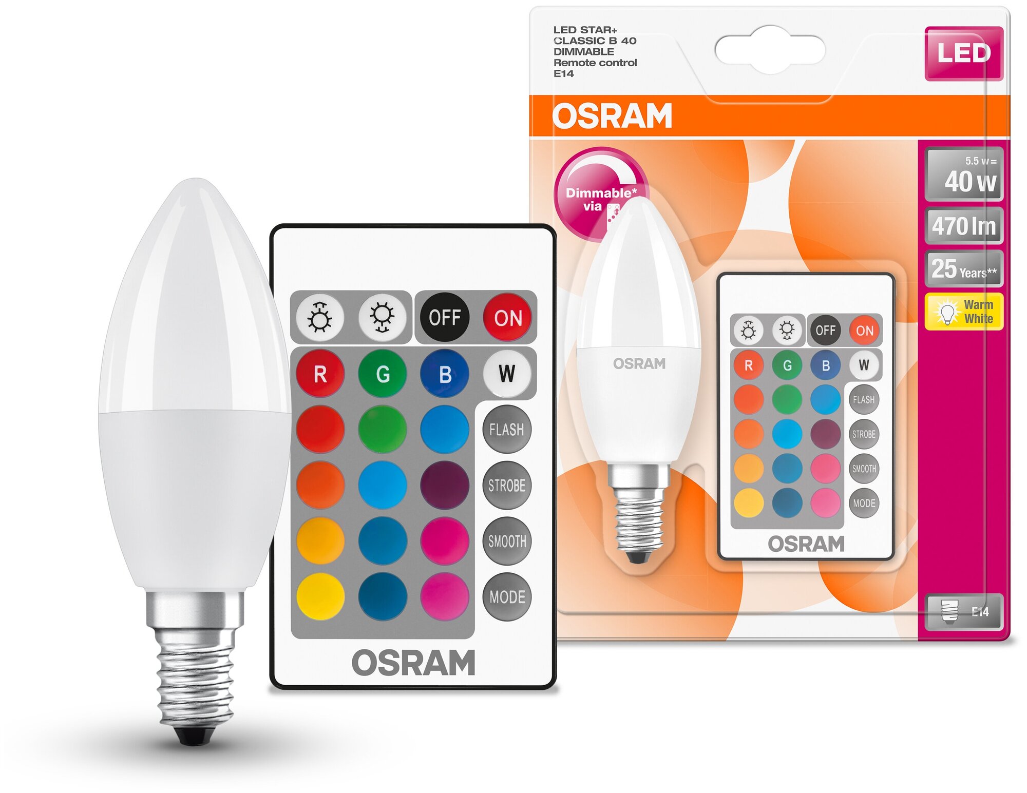 LEDS CL B 40 REM 55W/827 230V FR RGBW E14 OSRAM - лампа свеча+пульт