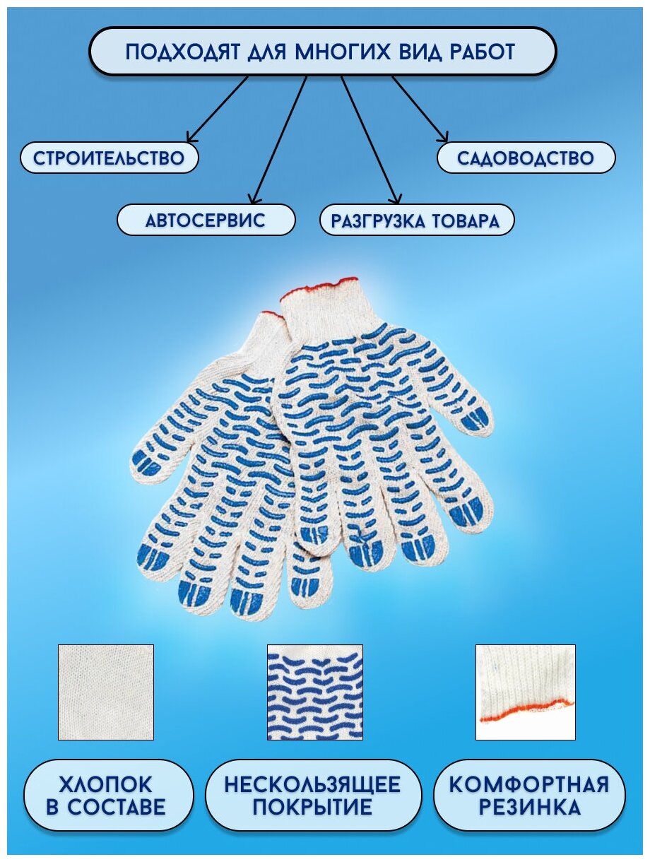 Перчатки хозяйственные рабочие 10 пар ХБ Белые с ПВХ,рисунок - волна (5нитей, 10 класс) - фотография № 3