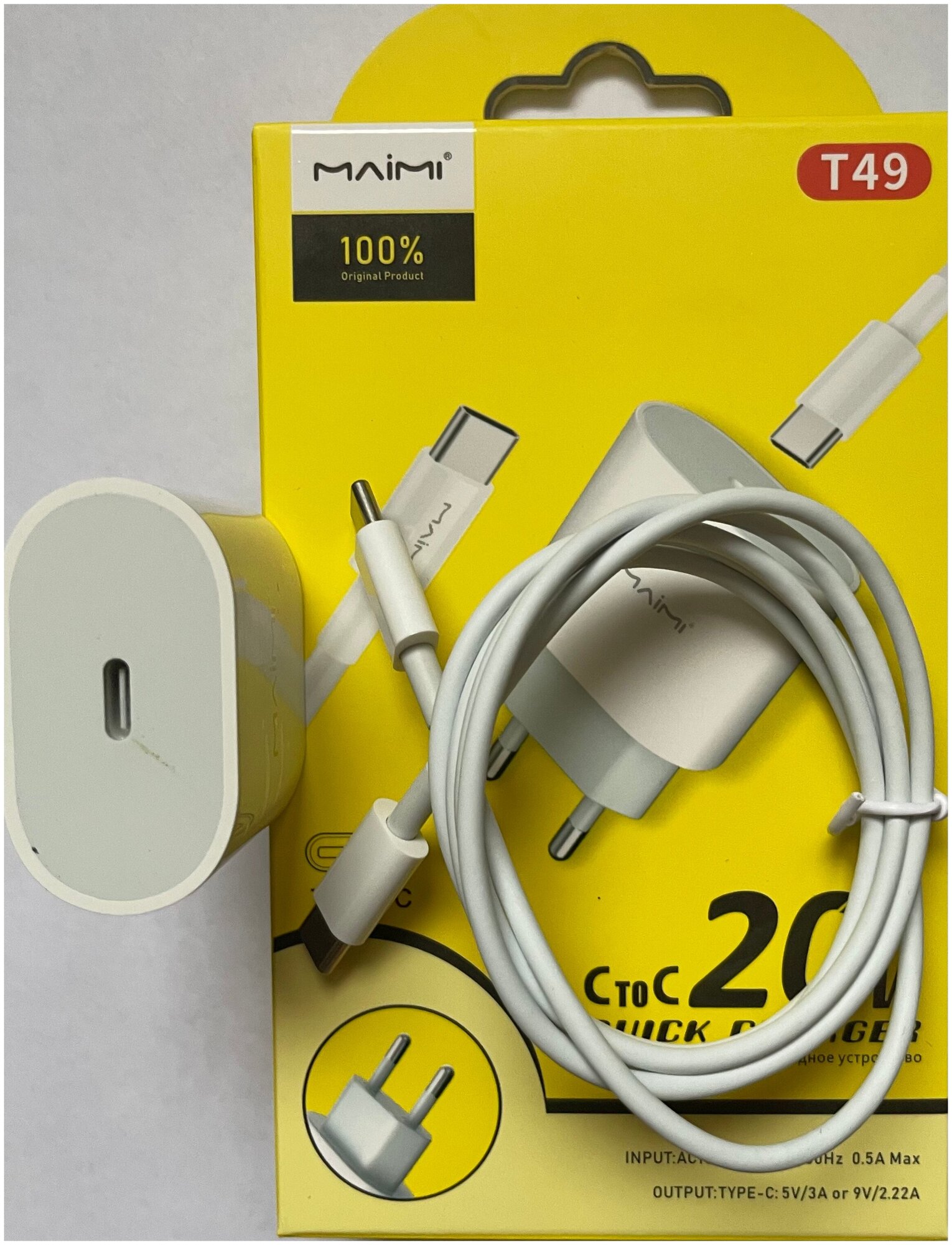 Зарядное устройство Адаптер + Провод Maimi T49 PD USB-Type-C to Type-C/ 20W, совместим Самсунг, Хуавей, Хонор Тайп Си - Тайп Си — фото 1