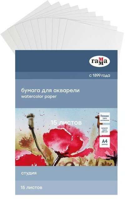 Гамма Бумага для акварели в папке А4, 15 листов, Гамма "Студия", 200 г/м2, среднее зерно