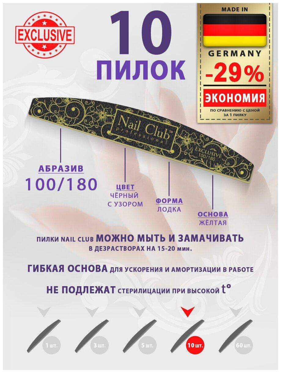 Nail Club professional Маникюрная пилка для опила ногтей чёрная с золотыми узорами, серия Exclusive, форма лодка, абразив 100/180, 10 шт.